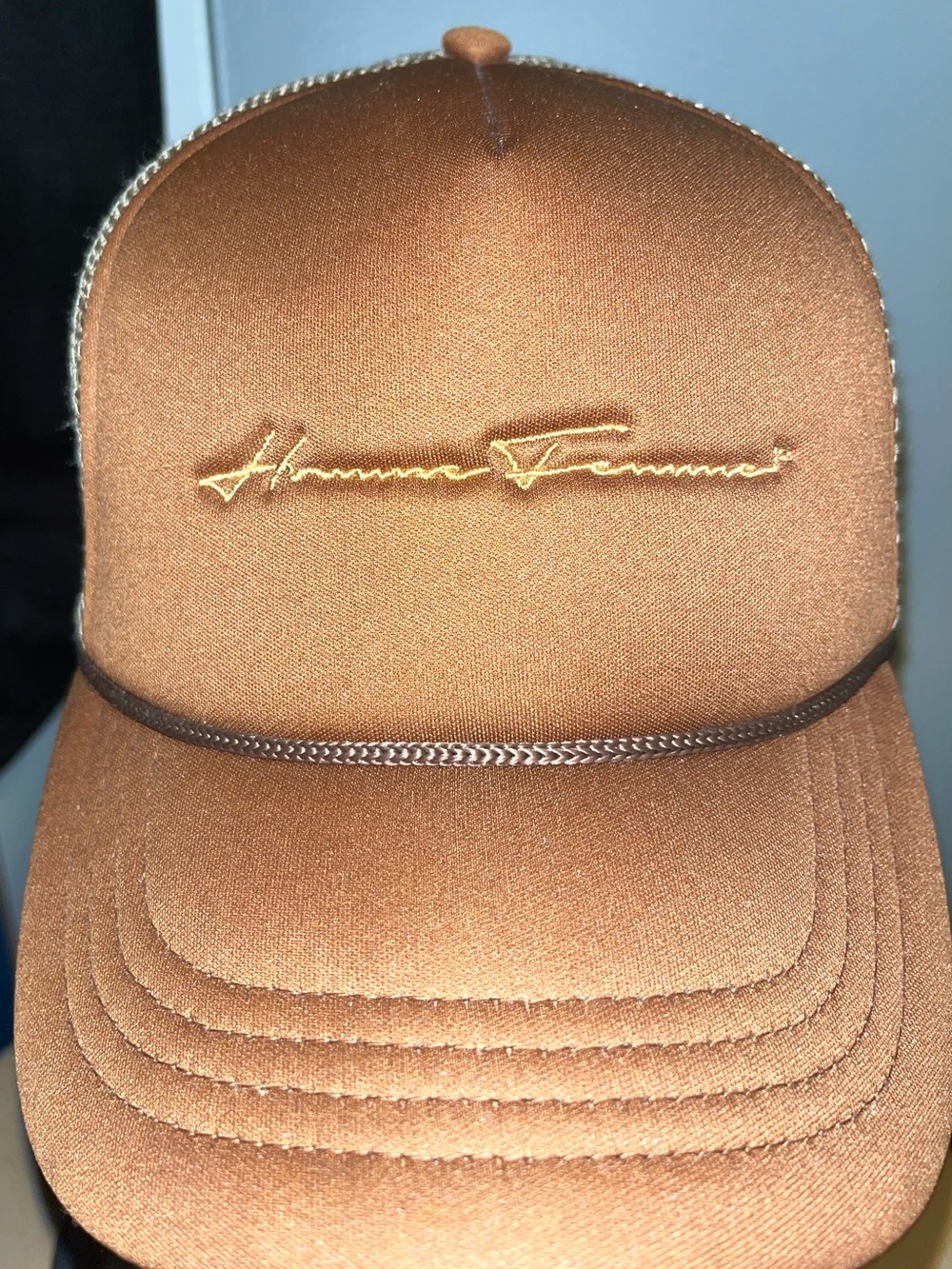 Homme + Femme Script Pin Cap Brown & Gold 5 Panel Classic Rope Trucker Hat